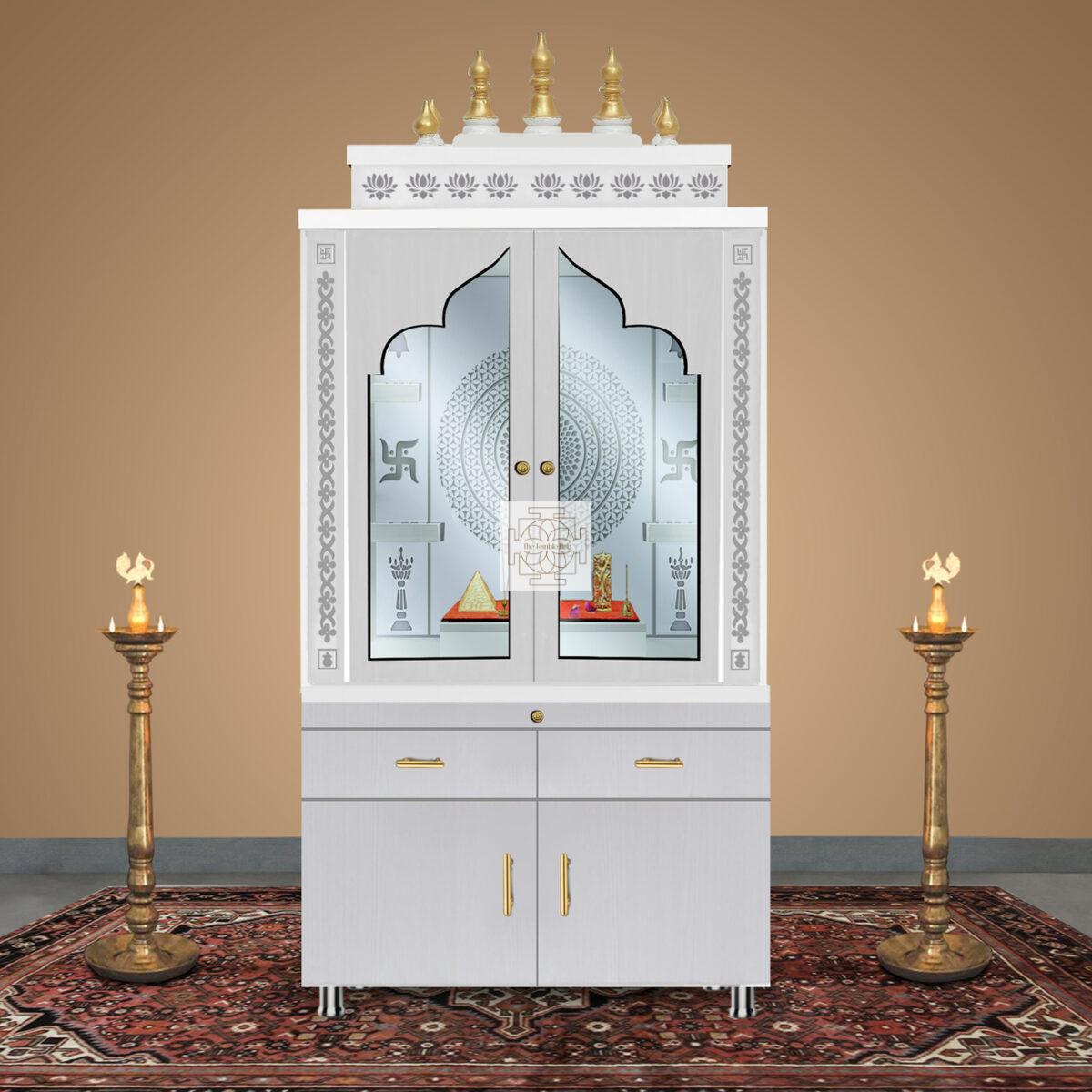 Wooden Door Temple | Mandir With White LED Light |  Puja Temple For Home & Office Decor