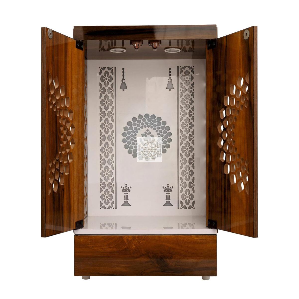 Wooden Door Temple Table Top Mandir With White LED Light |  Puja Temple For Home & Office Décor