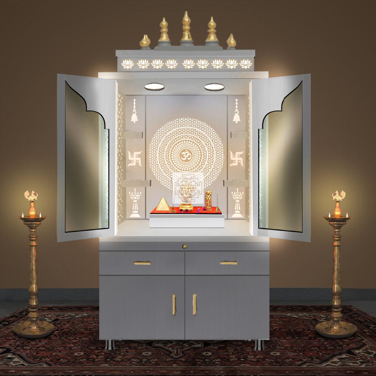 Wooden Door Temple | Mandir With White LED Light |  Puja Temple For Home & Office Decor