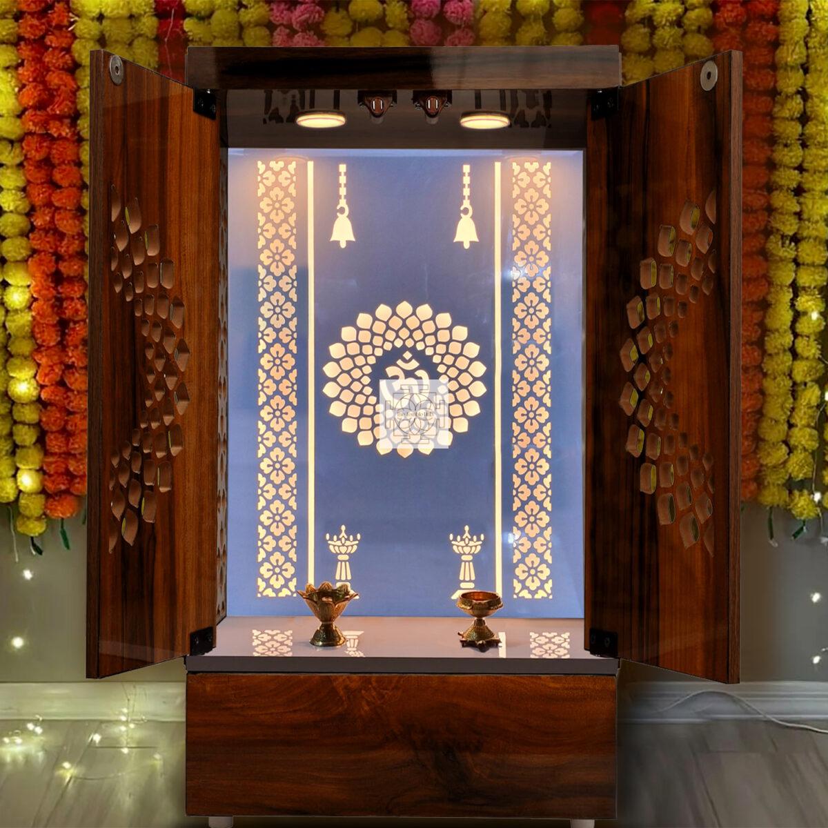 Wooden Door Temple Table Top Mandir With White LED Light |  Puja Temple For Home & Office Décor