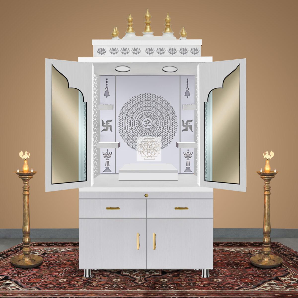 Wooden Door Temple | Mandir With White LED Light |  Puja Temple For Home & Office Decor