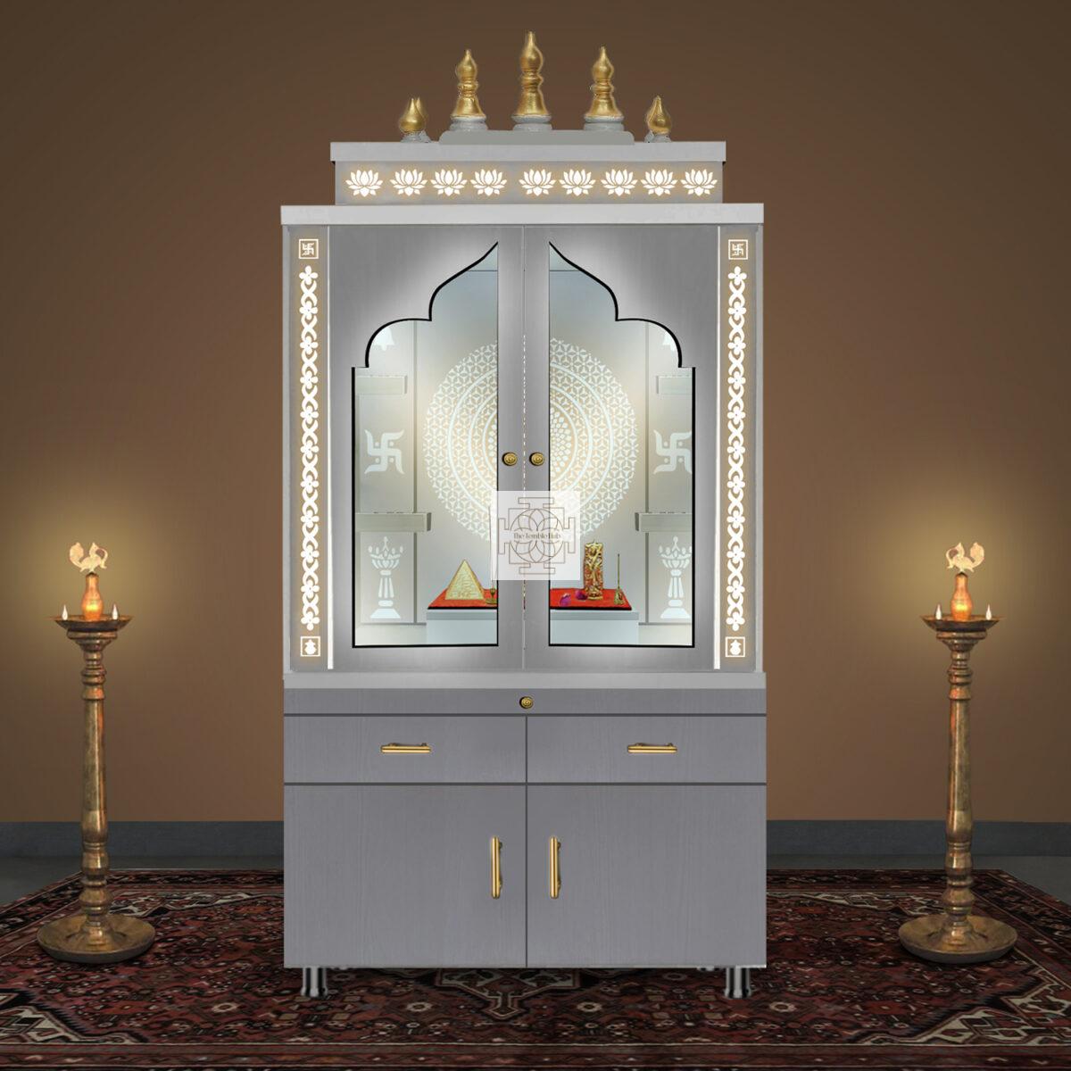 Wooden Door Temple | Mandir With White LED Light |  Puja Temple For Home & Office Decor